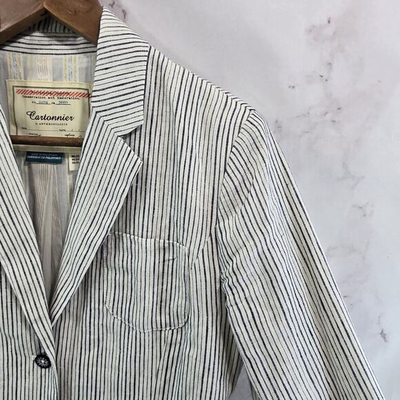 Anthropologie Blazer Womens 4 White Navy Blue Linen Pinstripe Jacket Cartonnier - Picture 12 of 14